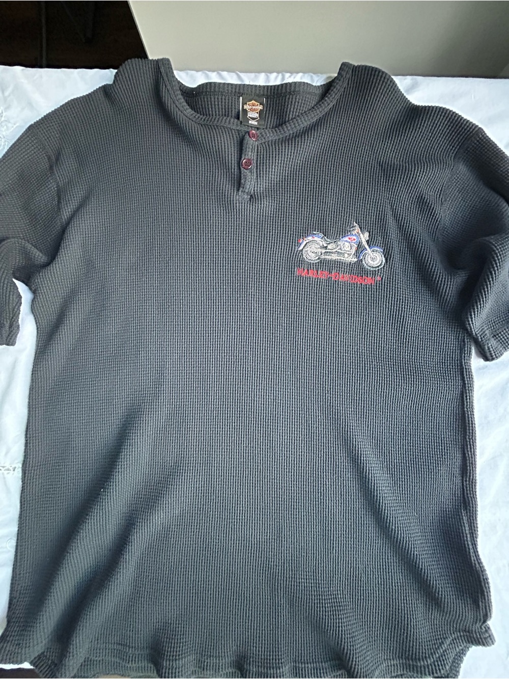 Vintage 90’s Harley-Davidson Charcoal Waffle Henley Shirt - Short Sleeve